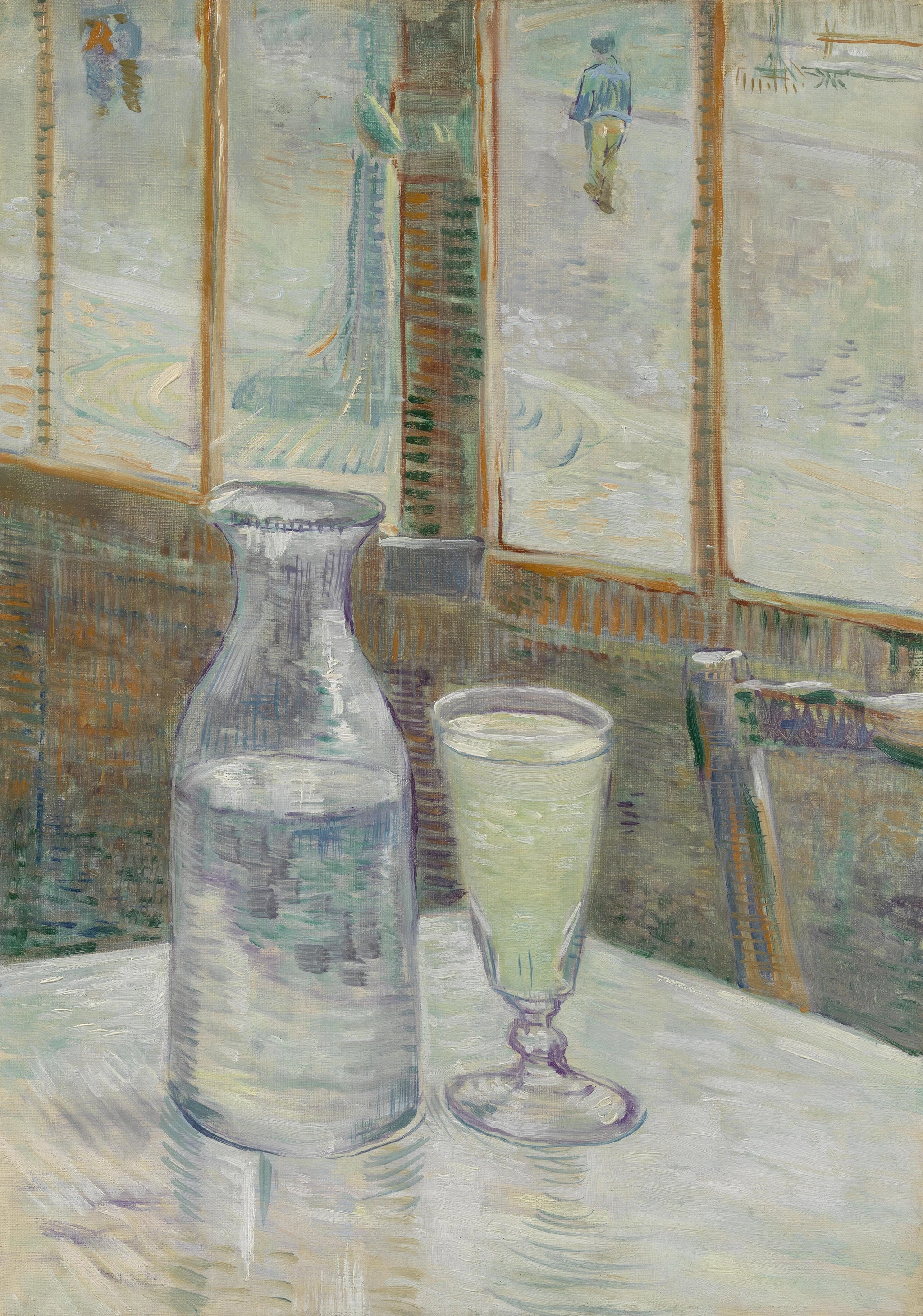 Table de café avec absinthe, F339 — carafe, verre verdâtre et boulevard parisien peints par Vincent van Gogh