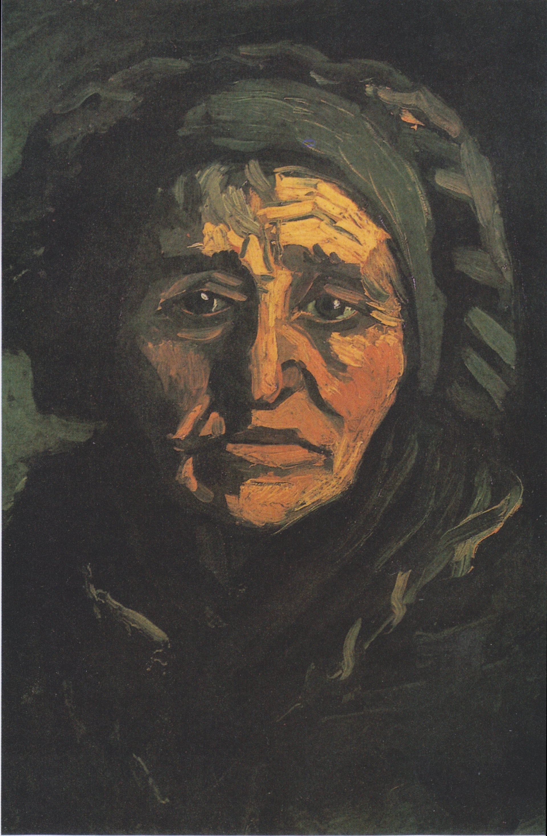 Tête de femme F74 — vieille paysanne frontale au bonnet vert peinte par Vincent van Gogh à Nuenen