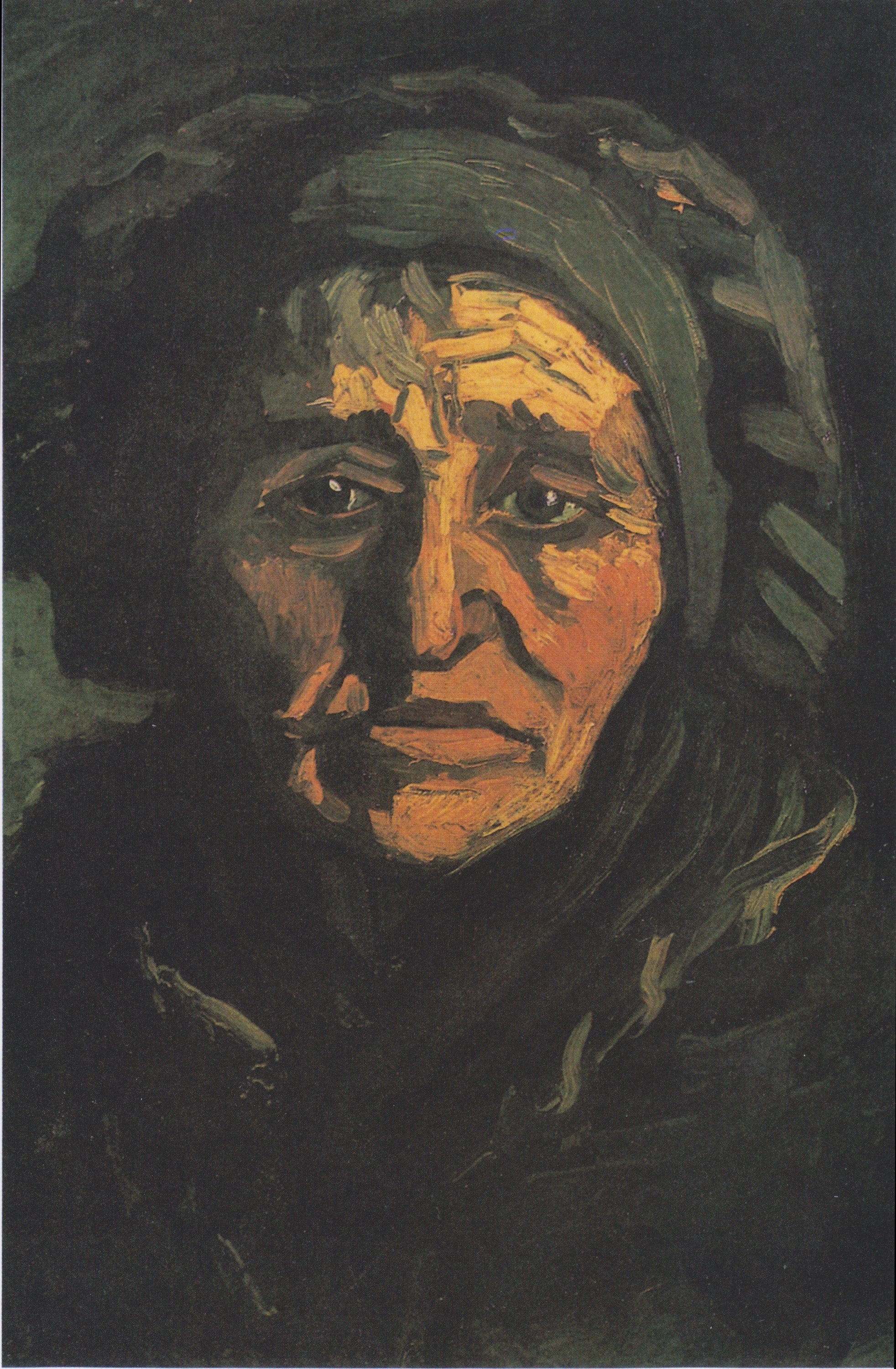 Tête de femme F74 — vieille paysanne frontale au bonnet vert peinte par Vincent van Gogh à Nuenen