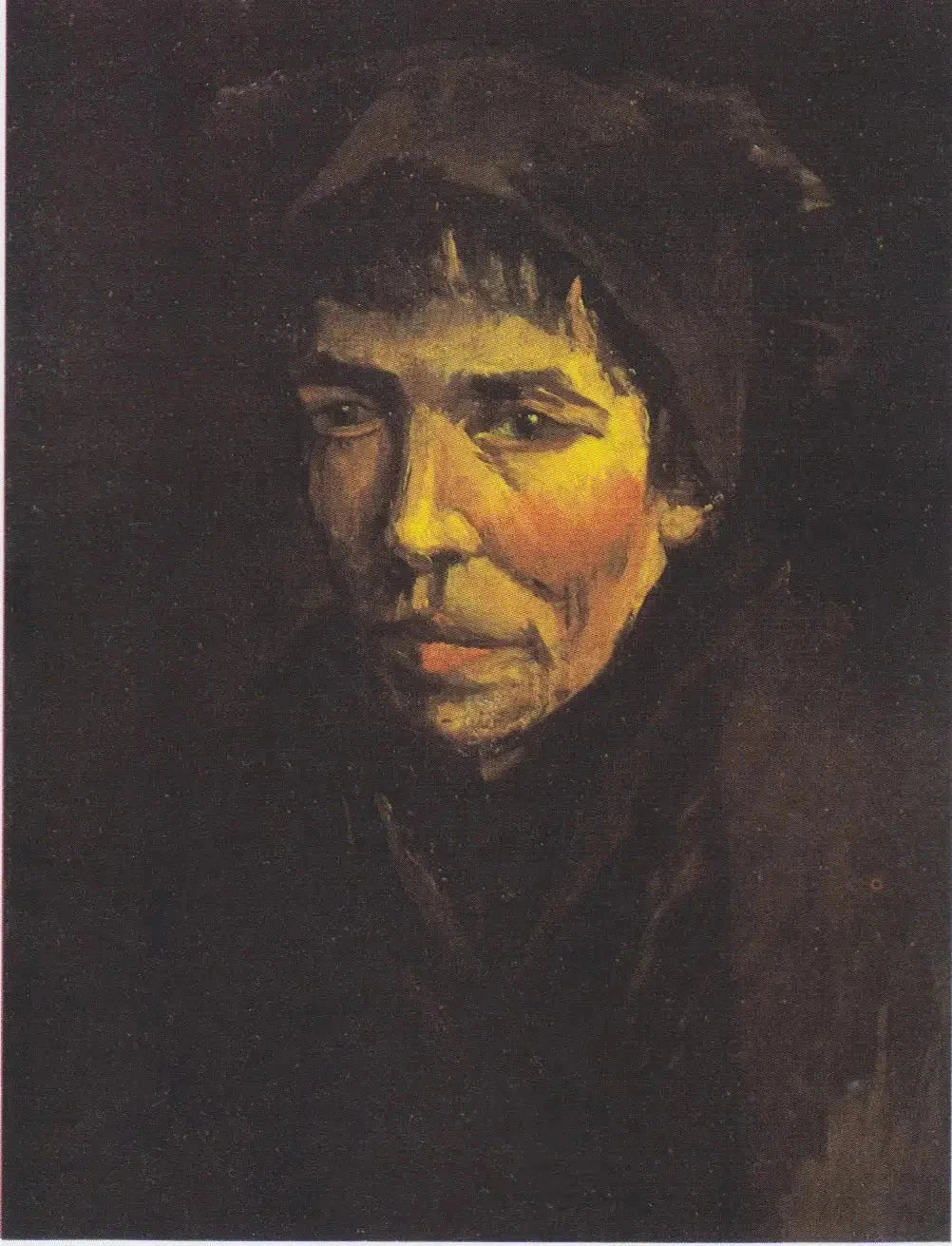 Tête de paysanne au bonnet noir F1667 — visage ocre éclairé dans un fond sombre par Vincent van Gogh