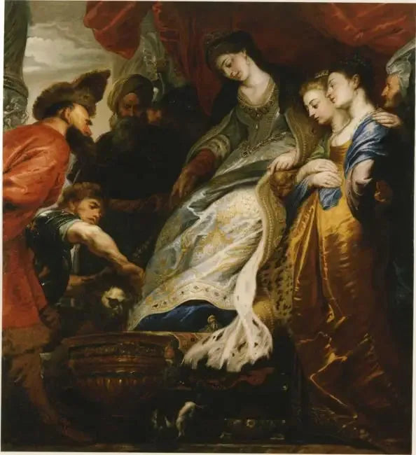 โทมิส, ราชินีแห่งเฟ้าส์, ทำให้หัวของไซรัสจมลงในแจกันที่เต็มไปด้วยเลือด - ปีเตอร์ พอล รูเบนส์
