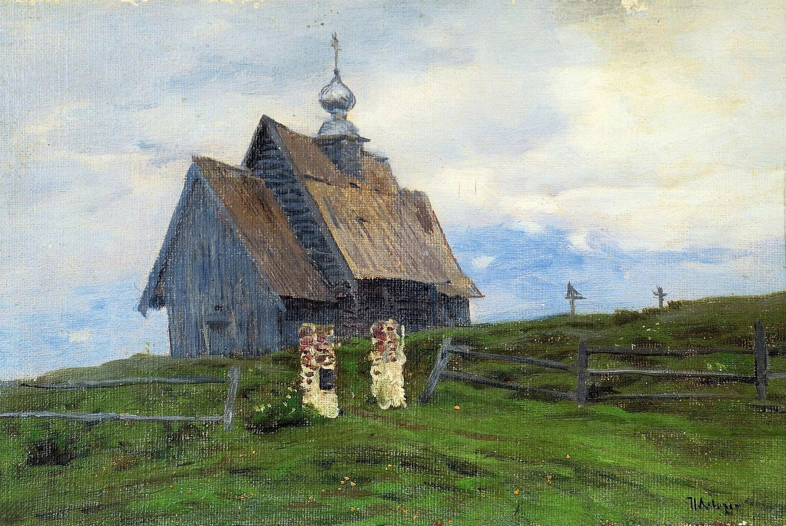 Église de bois à Plios au couchant, peinture de Isaac Levitan