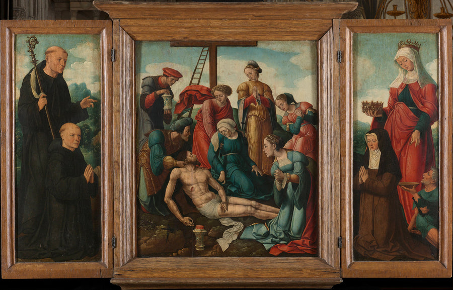 Triptyque avec la Lamentation du Christ (panneau central), le fondateur avec saint Benoît (à l'intérieur de l'aile gauche) et la fondatrice avec sainte Elisabeth de Hongrie (à l'intérieur de l'aile droite) - the younger Buys Cornelis