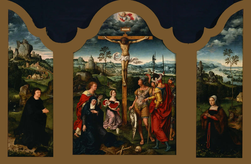 ไตรพเทค: การตรึงไม้กางเขนพร้อมผู้บริจาคนั่งคุกเข่าและภรรยา - Joos van Cleve