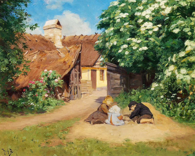 เด็กสามคนกำลังเล่นใกล้ฟาร์มในวันฤดูร้อน - H. A. Brendekilde