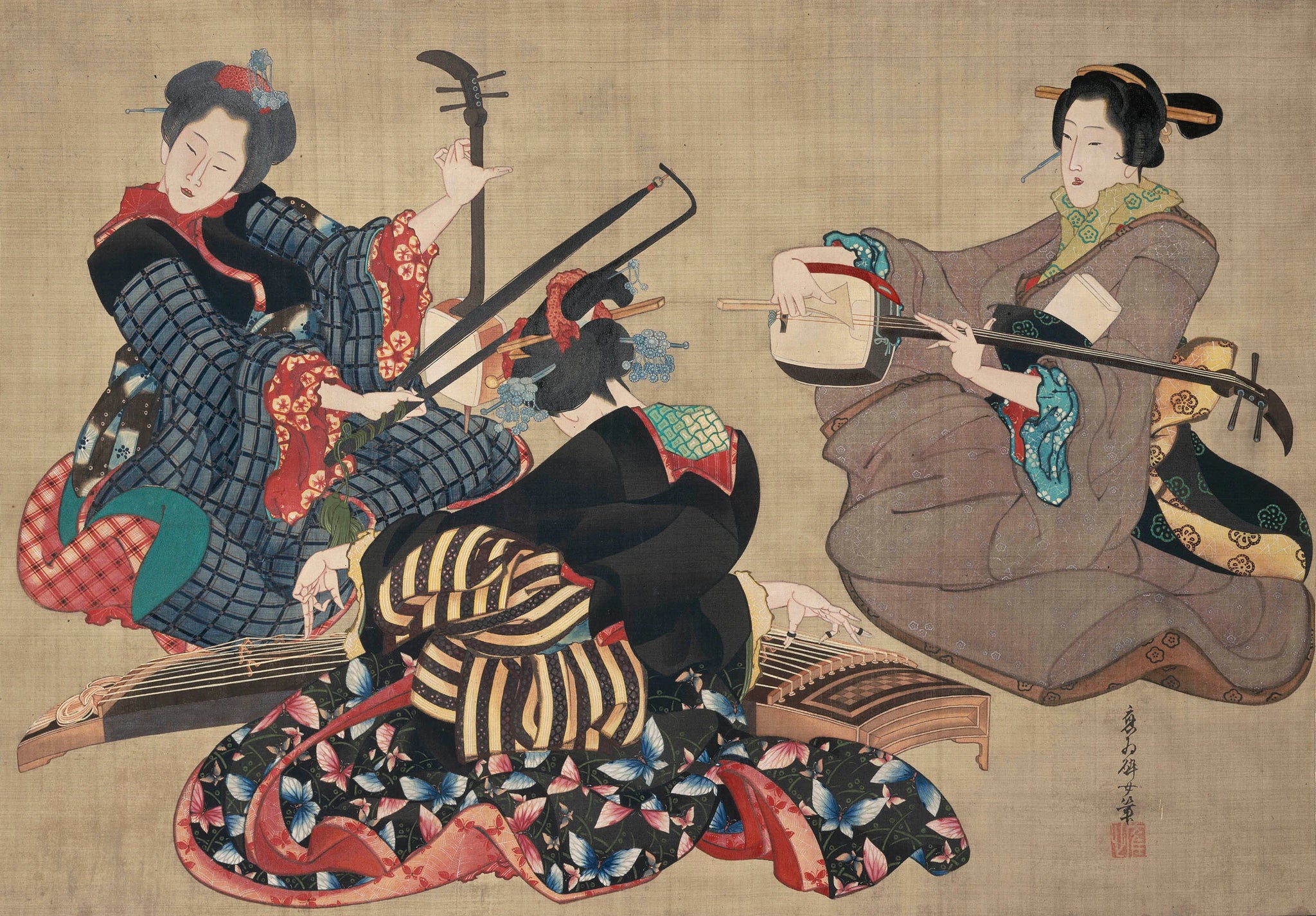 Trois femmes jouant de la musique, Katsushika Ōi, 1800
