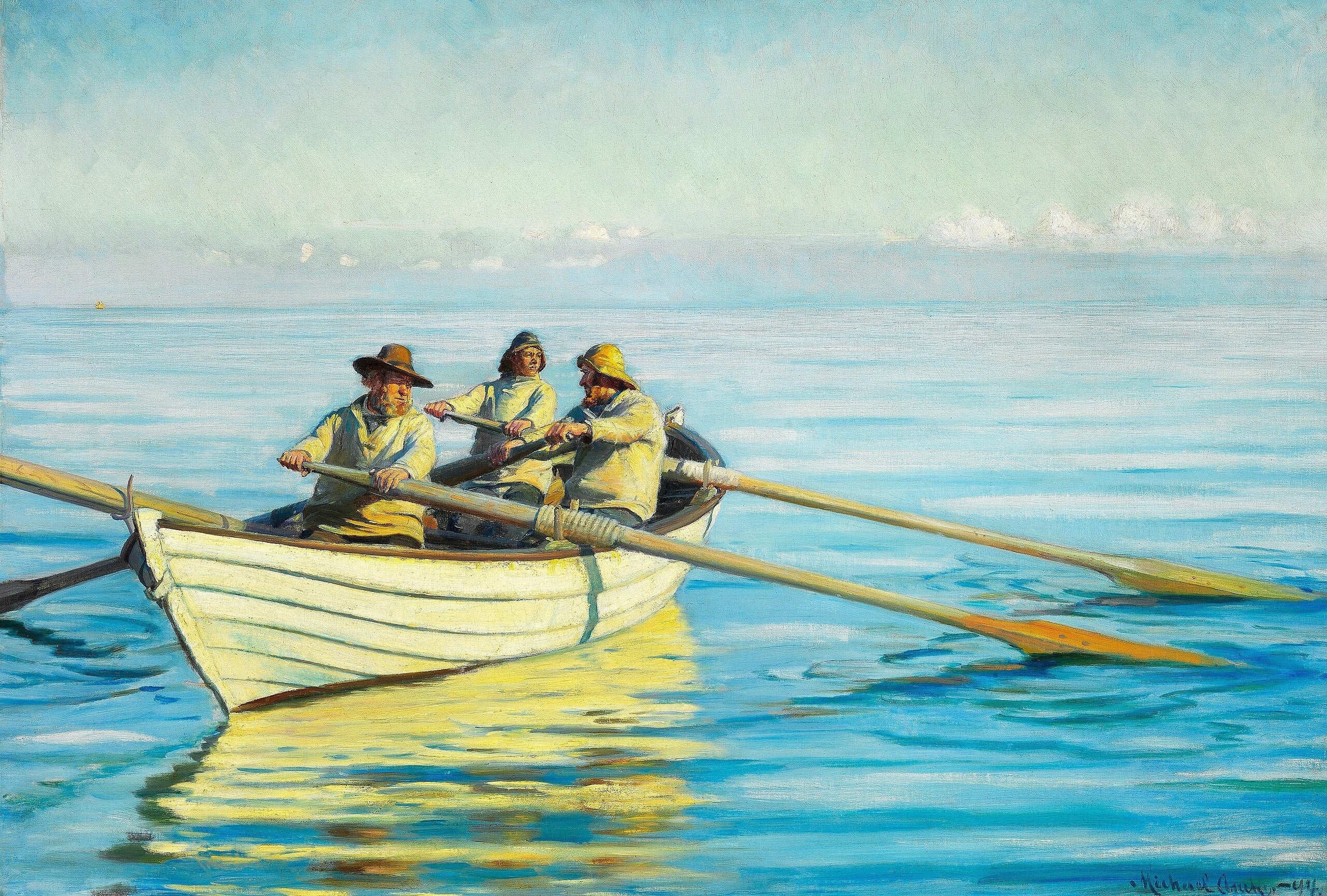 Trois pêcheurs dans un bateau. - Michael Peter Ancher image 1 reproduction d’œuvre d’art à l’huile