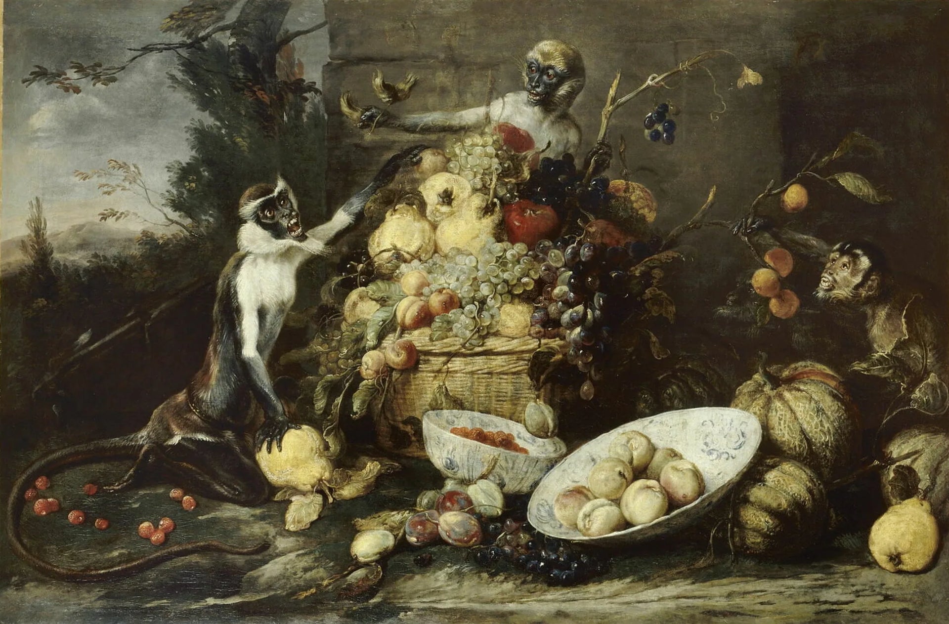 Trois singes voleurs de fruits - Frans Snyders image 1 reproduction de peinture à l’huile
