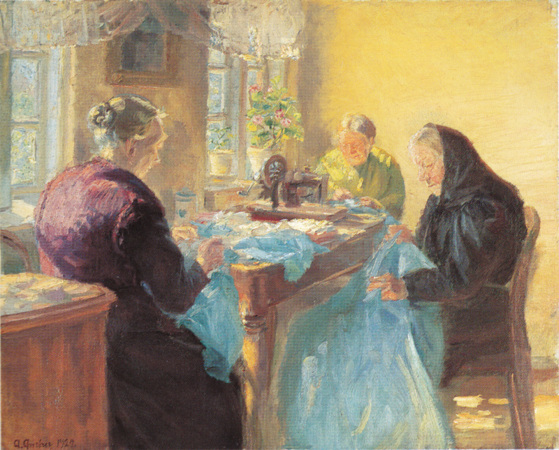 ผู้หญิงแก่สามคนเย็บชุดสีฟ้าสำหรับงานเต้นรำในชุดคอสตูม - Anna Ancher