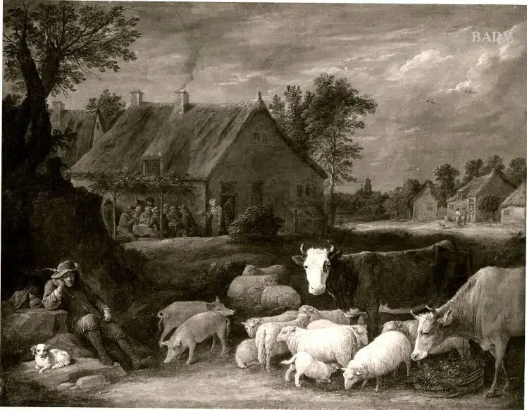 Troupeau dans un village - David Teniers le Jeune image 1 reproduction d’œuvre d’art à l’huile