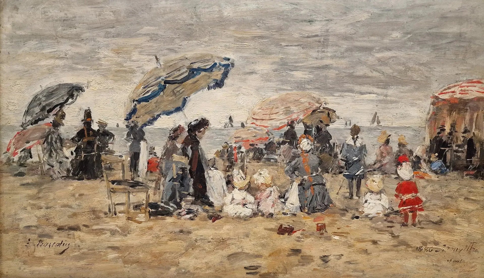 Trouville. Ombrelles sur la plage - Eugène Boudin image 1 reproduction artisanale de tableau