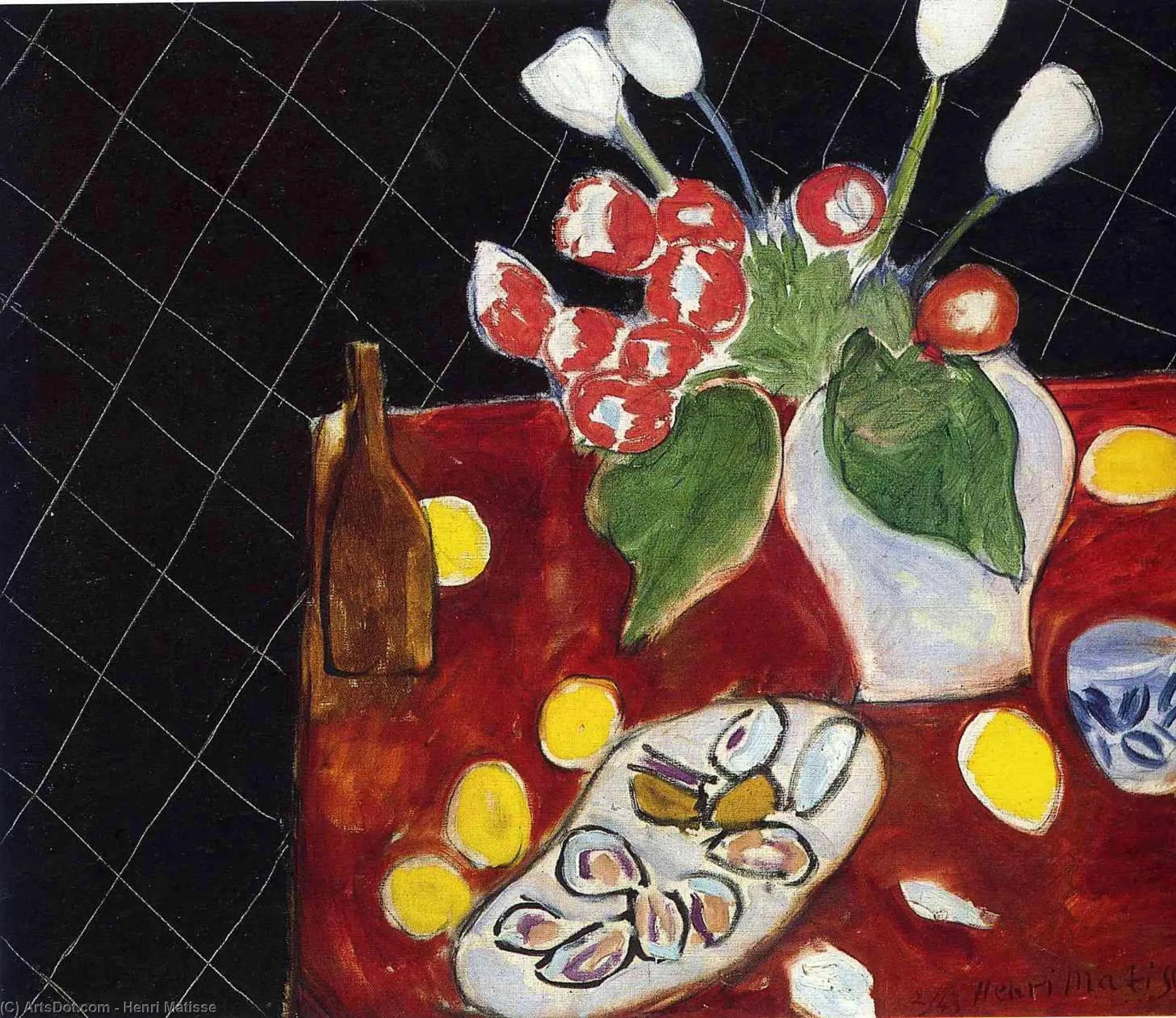 Tulipes et huîtres sur fond noir - Henri Matisse image 1 reproduction de peinture à l’huile