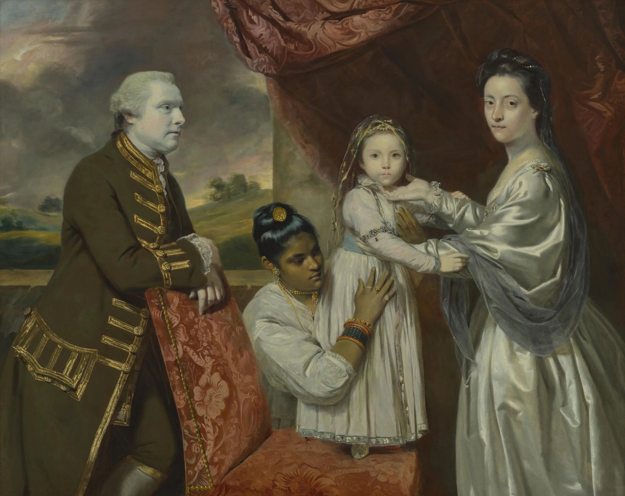 Tysoe Saul Hancock, sa femme Philadelphia, leur fille Elizabeth et leur servante indienne Clarinda - Joshua Reynolds image 1 copie de tableau peinte à la main