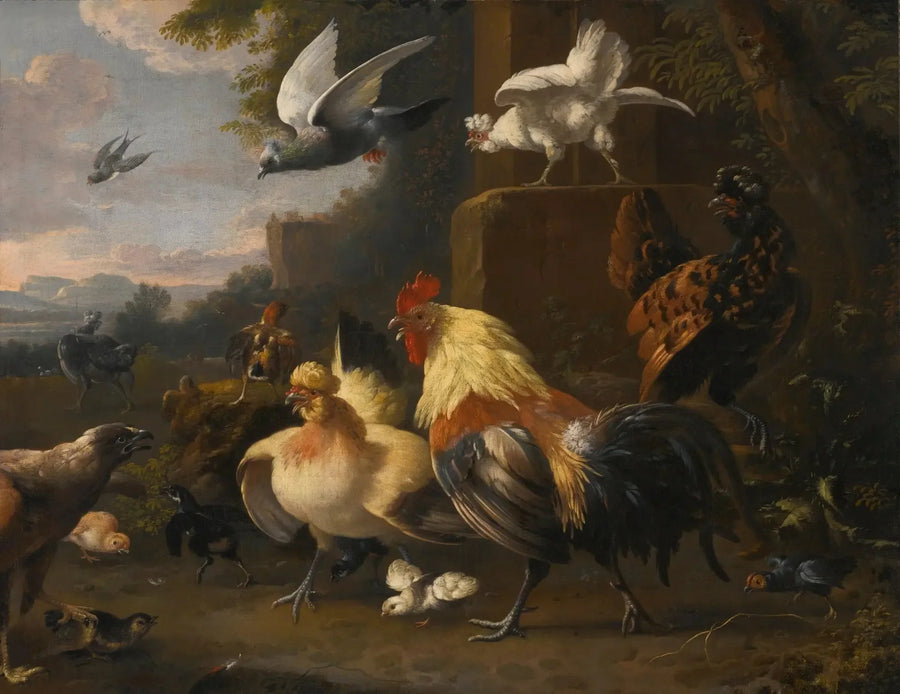 นกอินทรีเผชิญหน้ากับลูกไก่ตัวน้อย ไก่ตัวเมีย นกพิราบบิน และนกอื่น ๆ - Melchior de Hondecoeter
