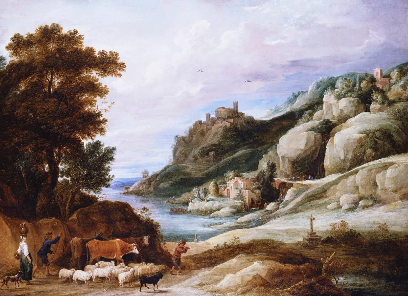 Un berger avec son troupeau dans un paysage montagneux - David Teniers le Jeune image 1 reproduction de peinture à l’huile