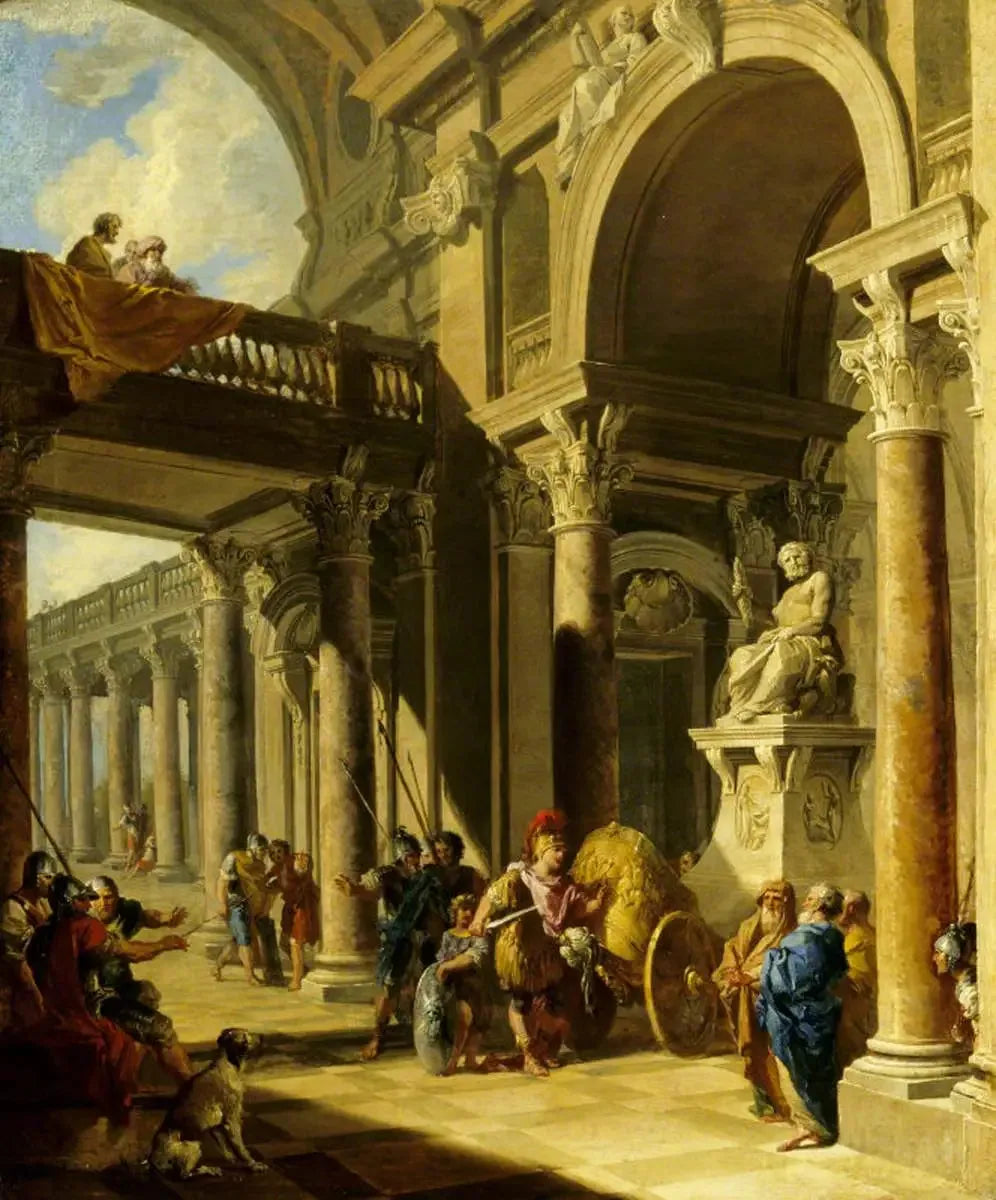 Un Capriccio architectural avec Alexandre coupant le nœud gordien - Giovanni Paolo Panini image 1 reproduction de peinture à l’huile