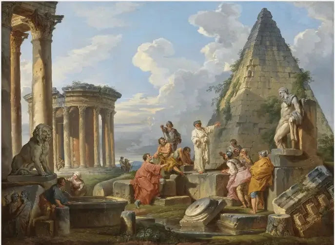 Un Capriccio avec Saint Paul prêchant aux Romains, avec le temple de Vesta et la pyramide de Caius Cestius - Giovanni Paolo Panini image 1 reproduction de peinture à l’huile