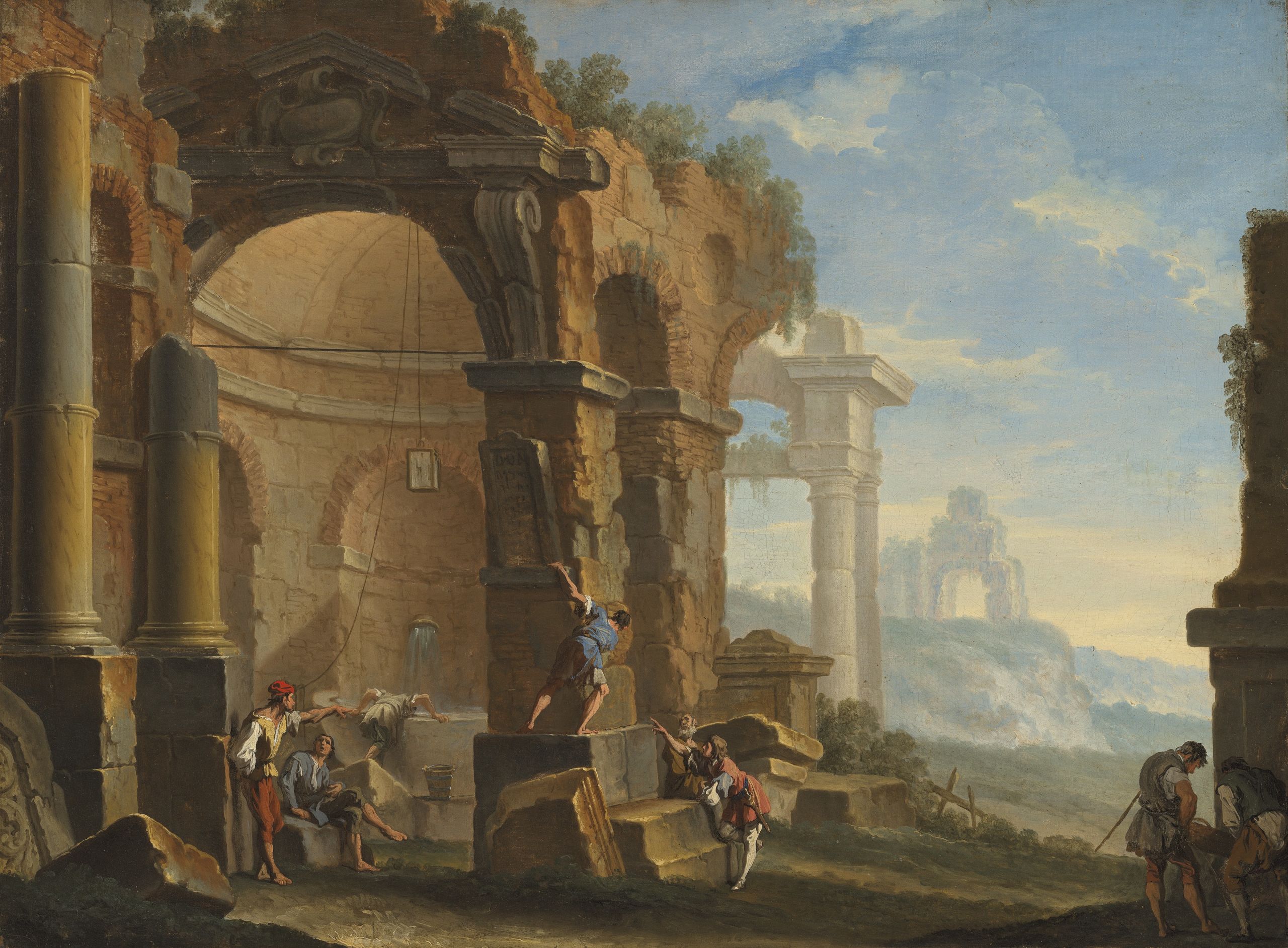 Un caprice avec des personnages conversant près de ruines classiques - Sebastiano Ricci image 1 tableau peint à l’huile sur toile