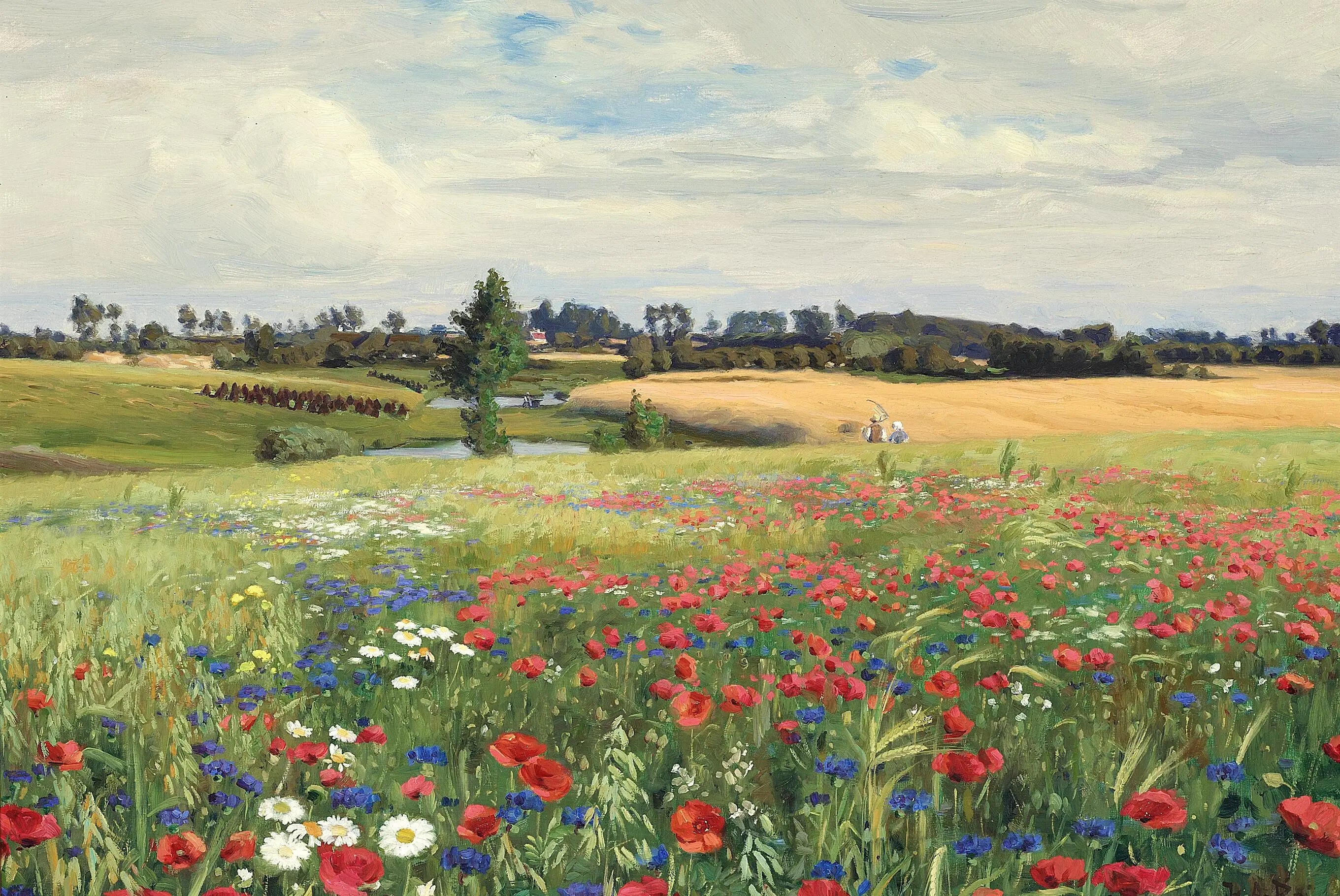 Un champ de bleuets de coquelicots et de marguerites. - H. A. Brendekilde - Alpha Reproduction