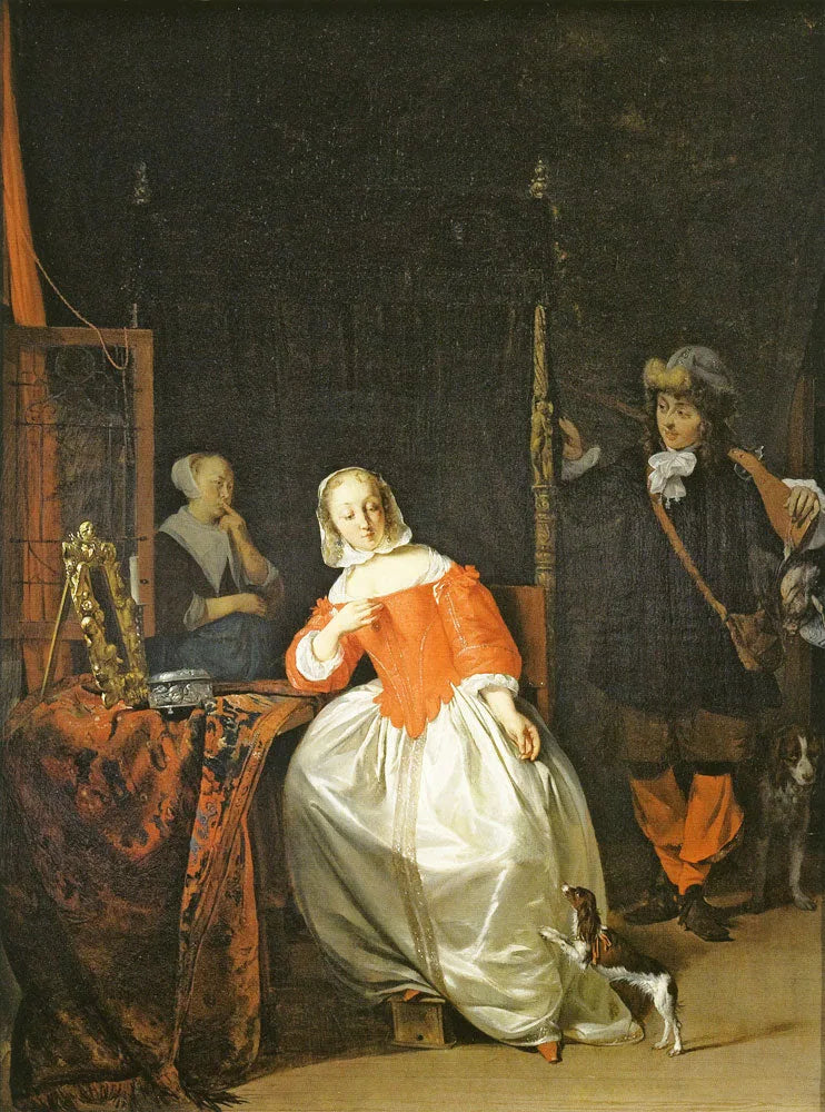 Un chasseur rendant visite à une femme à ses toilettes - Gabriel Metsu image 1 copie de tableau peinte à la main
