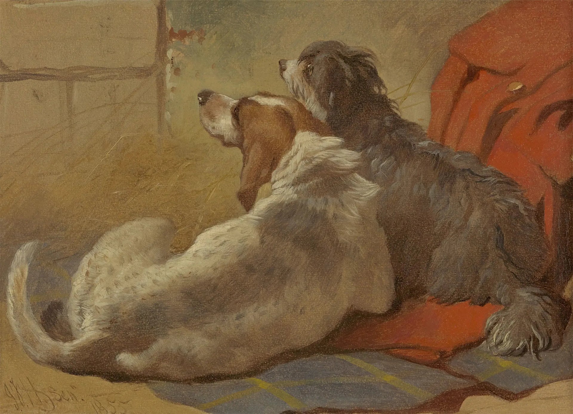 Un chien de chasse et un colley barbu assis sur un manteau de chasse - John Frederick Herring, Sr. image 1 reproduction d’œuvre d’art à l’huile