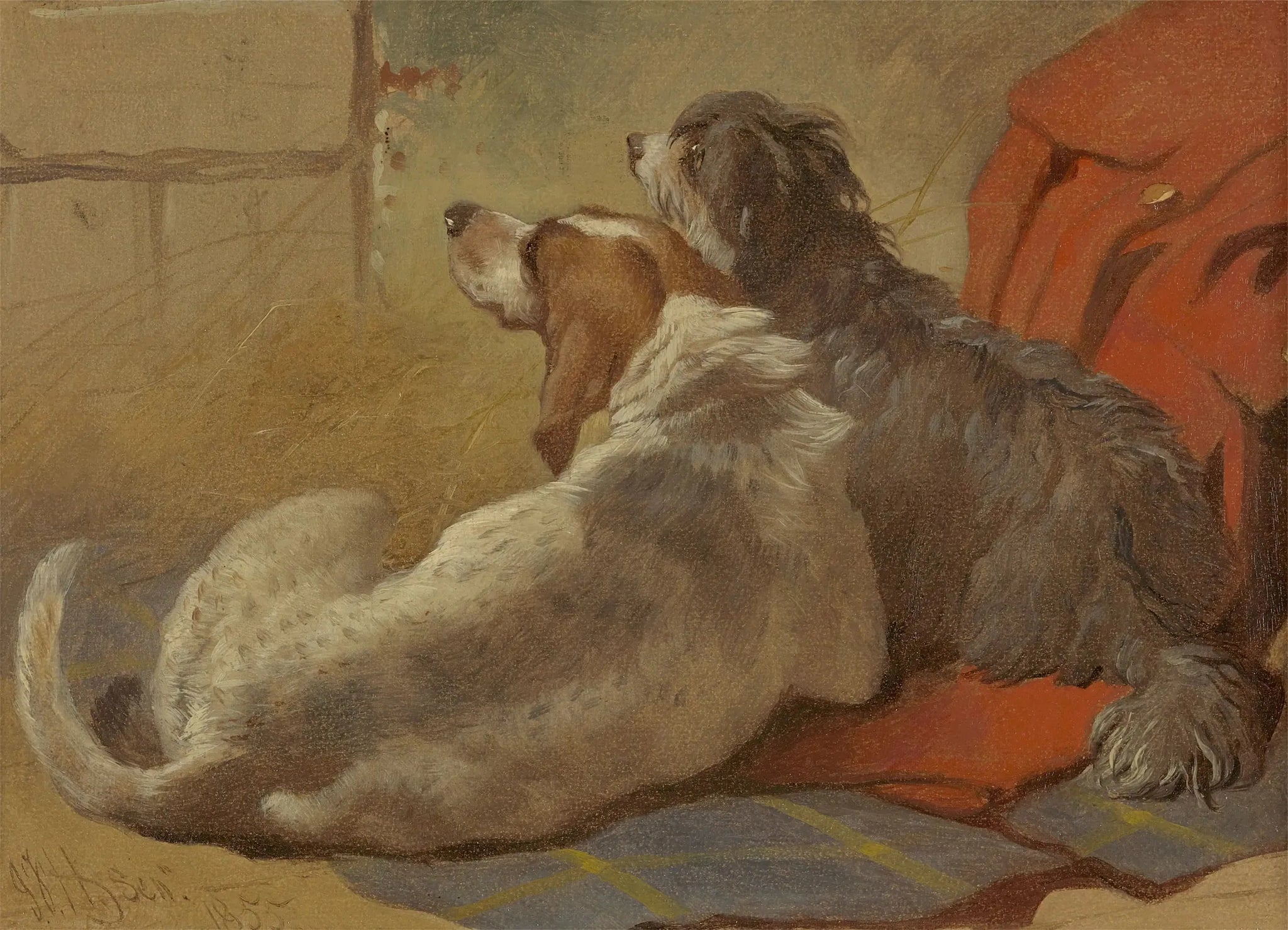 Un chien de chasse et un colley barbu assis sur un manteau de chasse - John Frederick Herring, Sr. image 1 reproduction d’œuvre d’art à l’huile