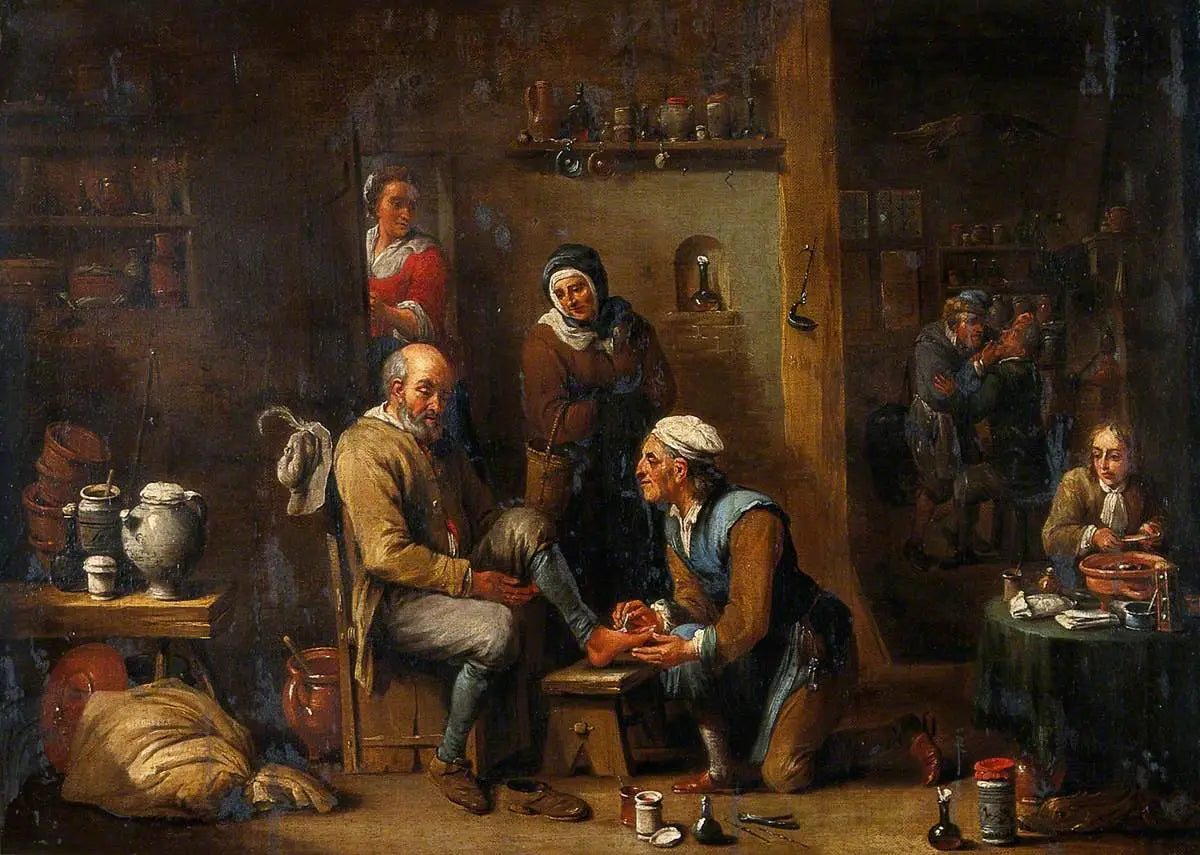 Un chirurgien soignant le pied d'un homme - David Teniers le Jeune image 1 copie de tableau peinte à la main