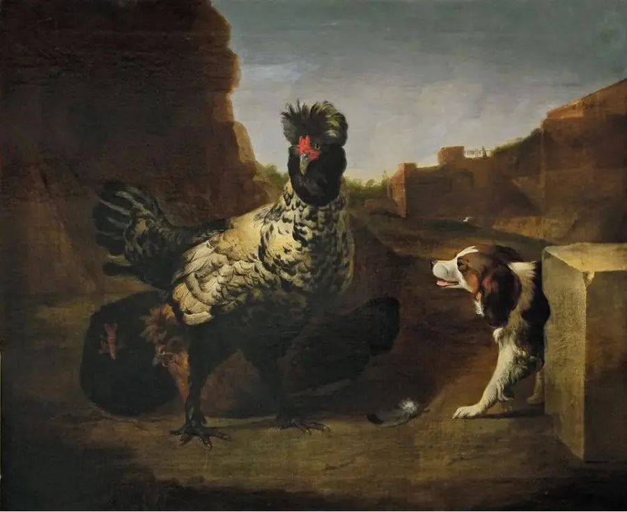 ไก่ตัวหนึ่งกับไก่ตัวเมียและสุนัข - เมลคิออร์ เดอ ฮอนเดคูเทอร์