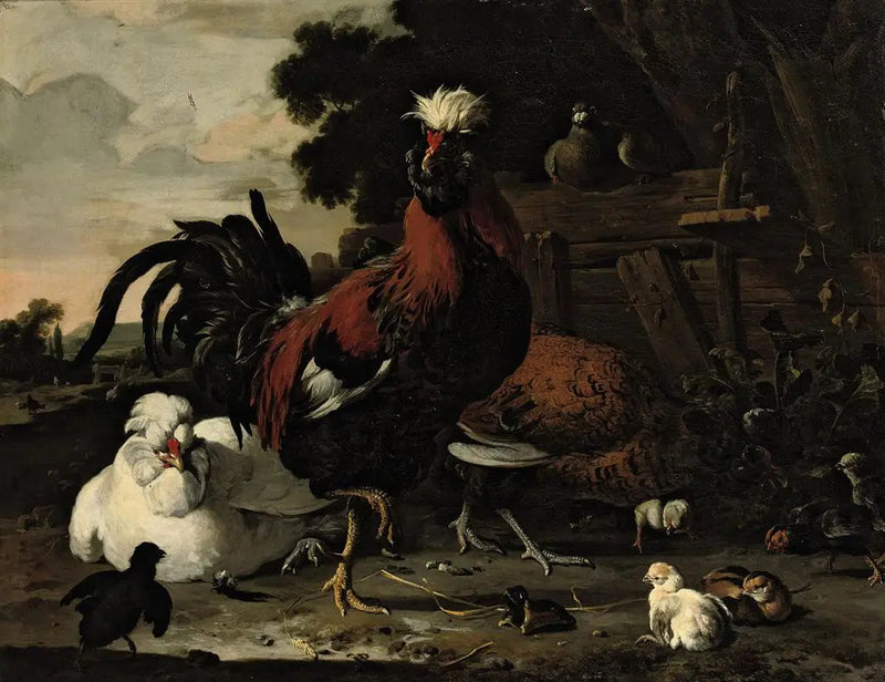 ไก่ตัวผู้, ไก่ตัวเมีย, ลูกไก่ และนกพิราบใกล้รั้วไม้ในทิวทัศน์ - Melchior de Hondecoeter