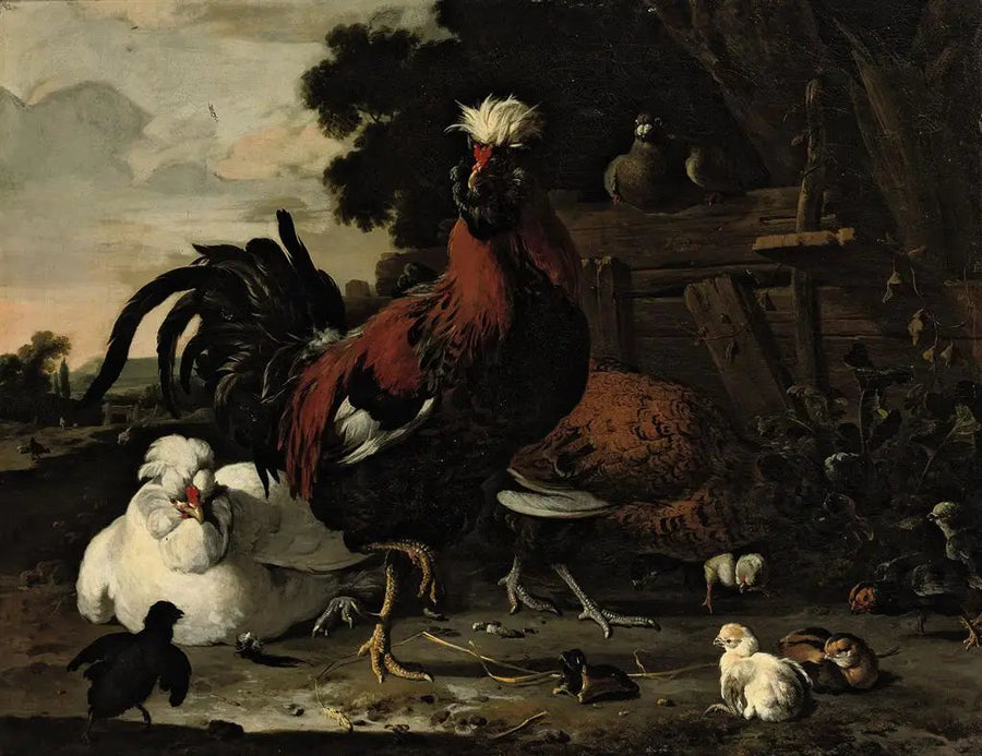 ไก่ตัวผู้, ไก่ตัวเมีย, ลูกไก่ และนกพิราบใกล้รั้วไม้ในทิวทัศน์ - Melchior de Hondecoeter