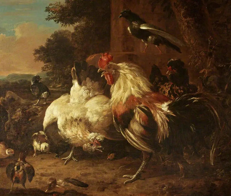 ไก่ตัวผู้และไก่ตัวเมียสองตัว พร้อมลูกไก่ ในทิวทัศน์ - Melchior de Hondecoeter