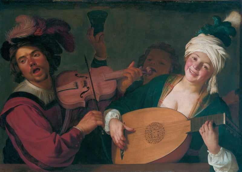 กลุ่มคนรื่นเริงอยู่เบื้องหลังระเบียงพร้อมไวโอลินและนักเล่นลูท - Gerrit van Honthorst