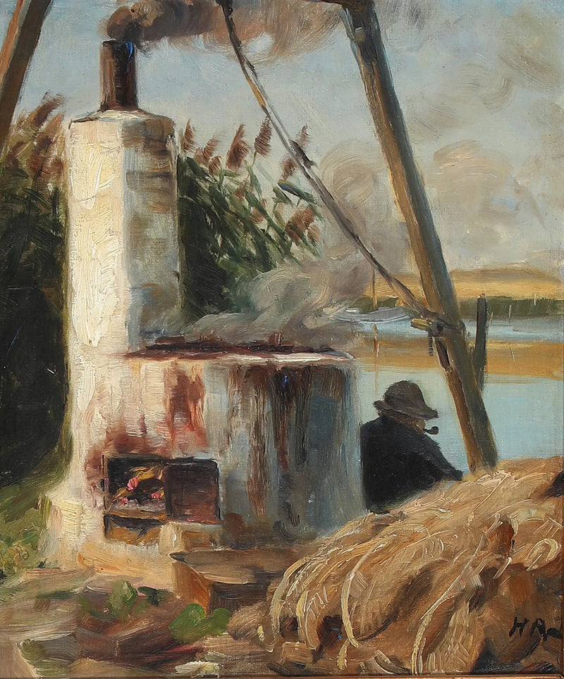 ชายคนหนึ่งนั่งอยู่หน้าหาเตาที่มีควัน - H. A. Brendekilde