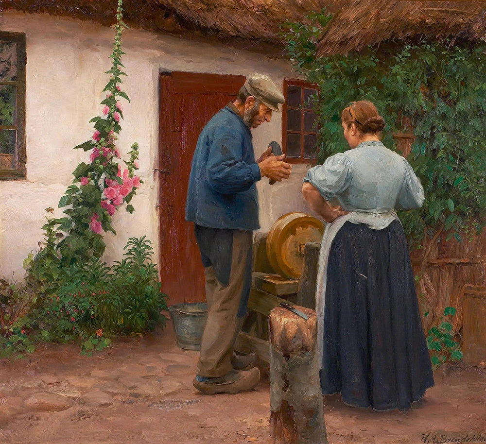 Un homme et une femme devant une pierre à aiguiser. - H. A. Brendekilde image 1 reproduction artisanale de tableau