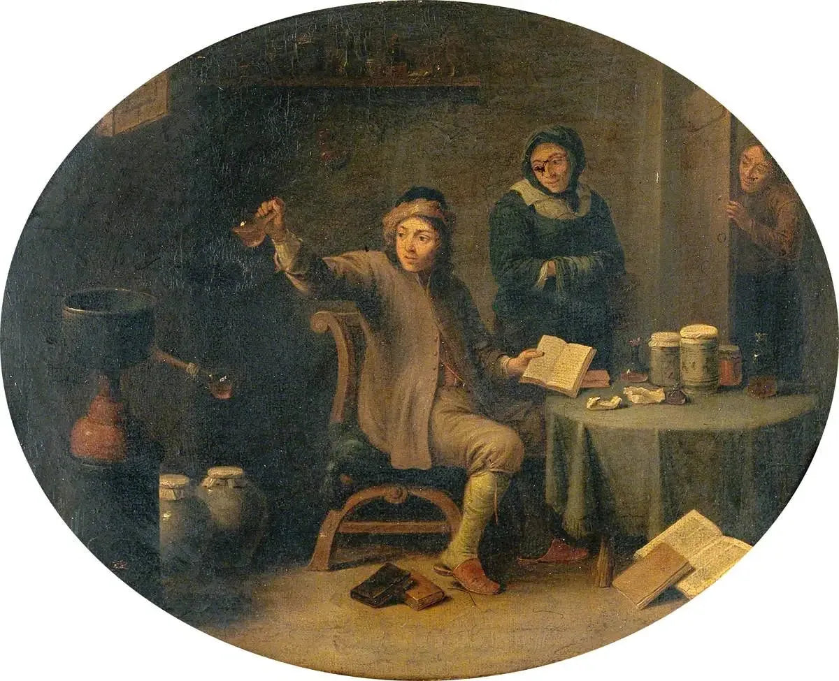 Un homme examinant une fiole d'urine - David Teniers le Jeune image 1 reproduction de peinture à l’huile