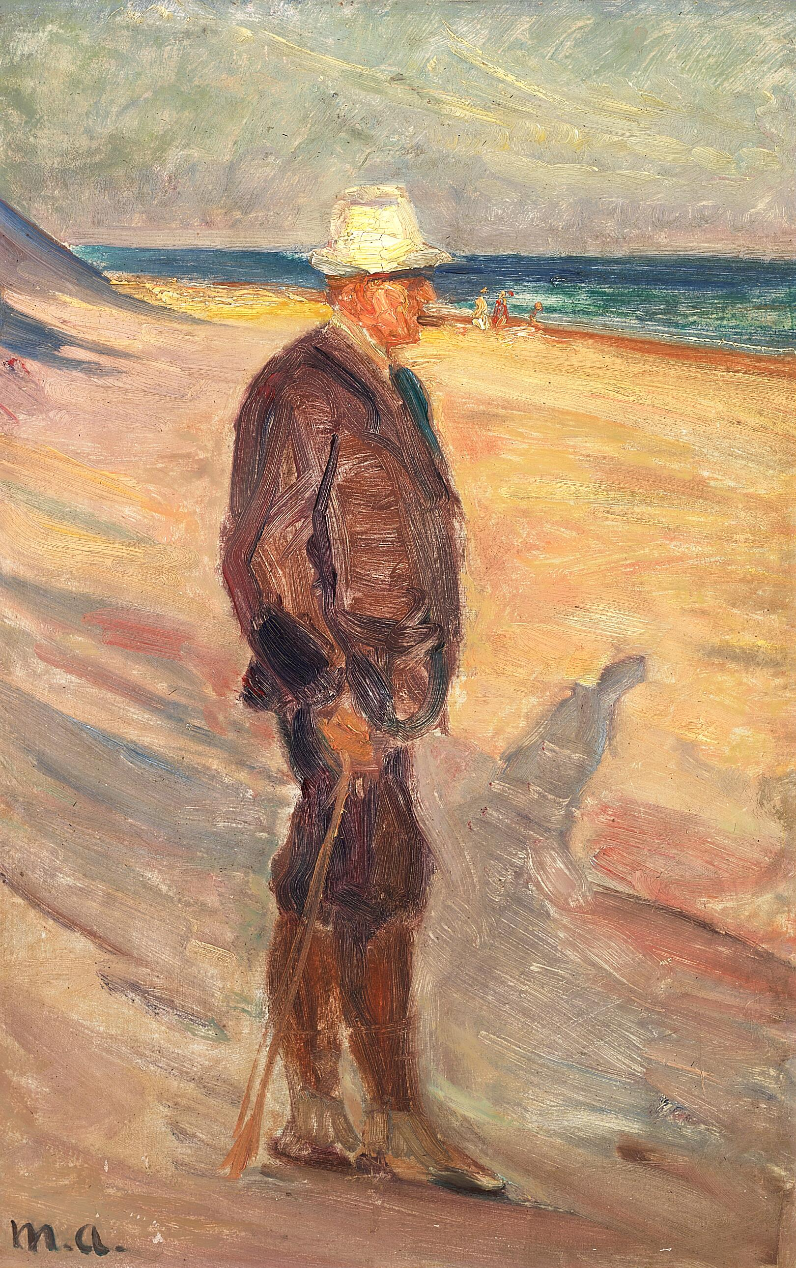 Un homme portant un chapeau blanc et muni d'une canne sur la plage de Skagen. - Michael Peter Ancher image 1 copie peinte à la main à l’huile