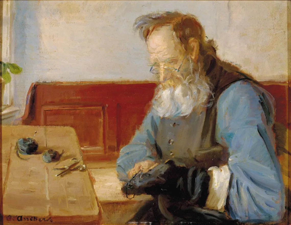 Un homme répare des chaussettes - Anna Ancher image 1 tableau peint à l’huile sur toile
