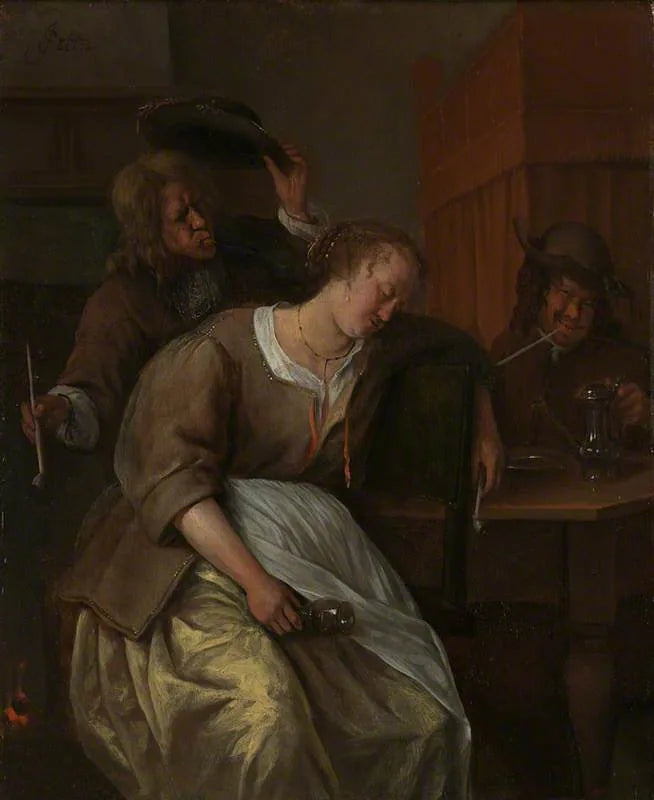 Un homme souffle de la fumée sur une femme ivre - Jan Steen image 1 reproduction de peinture à l’huile