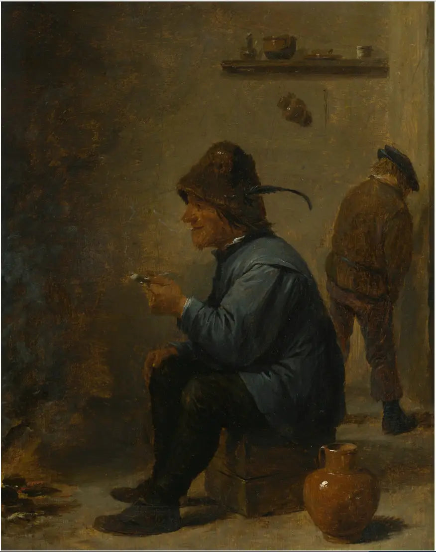 Un homme tenant une pipe assis devant un feu dans une taverne, un homme urinant dans un coin - David Teniers le Jeune image 1 copie de tableau peinte à la main