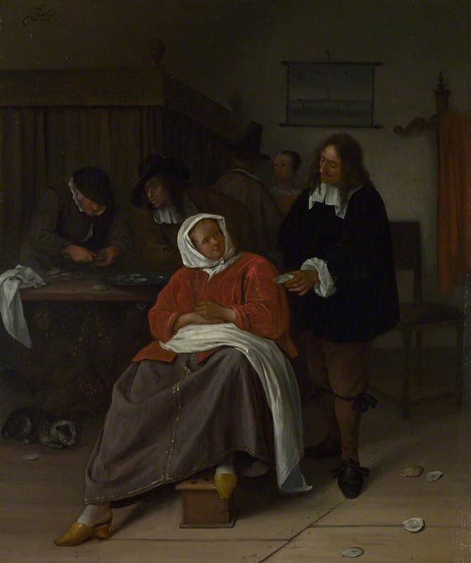 Un intérieur avec un homme offrant une huître à une femme - Jan Steen image 1 reproduction artisanale de tableau