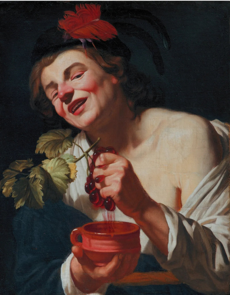 ชายหนุ่มผู้ชื่นชอบไวน์บีบององในถ้วย (เป็นอุปมาเรื่องรสชาติ?) - Gerrit van Honthorst