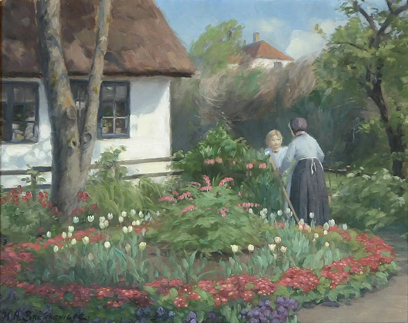วันฤดูร้อนในสวน ผู้หญิงสองคนกำลังพูดคุยกันหน้าประตู - H. A. Brendekilde
