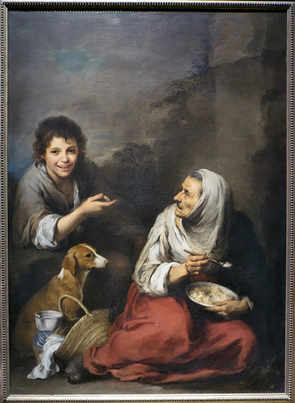 Un oursin se moquant d'une vieille femme mangeant des migas - Bartolomé Esteban Murillo image 1 reproduction artisanale de tableau