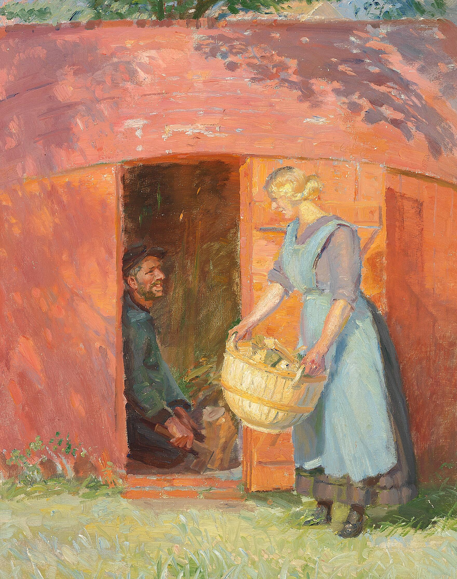 ชาวประมงจากสกาเกนในกระท่อมที่สร้างจากเรือเก่าไล่ล่าหญิงสาว - Anna Ancher
