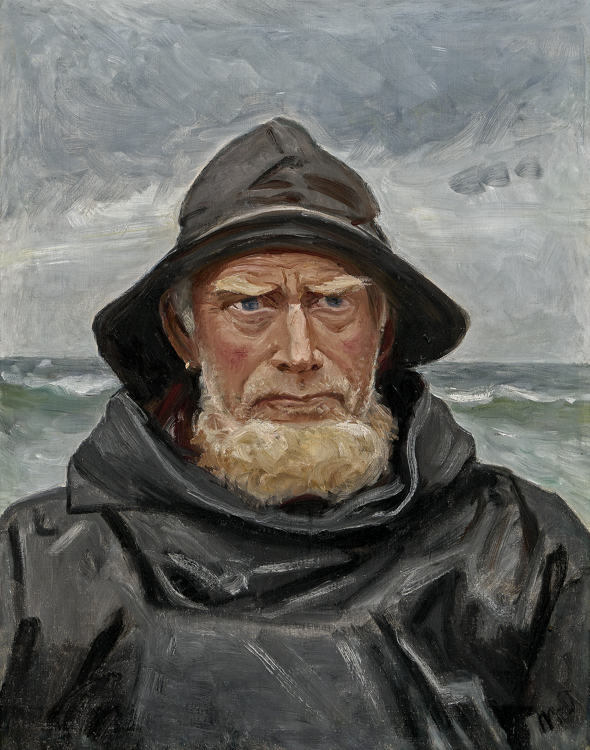 Un pêcheur de Skagen, vêtu d'un ciré, se tient au bord de la mer par temps couvert. - Michael Peter Ancher image 1 reproduction de peinture à l’huile