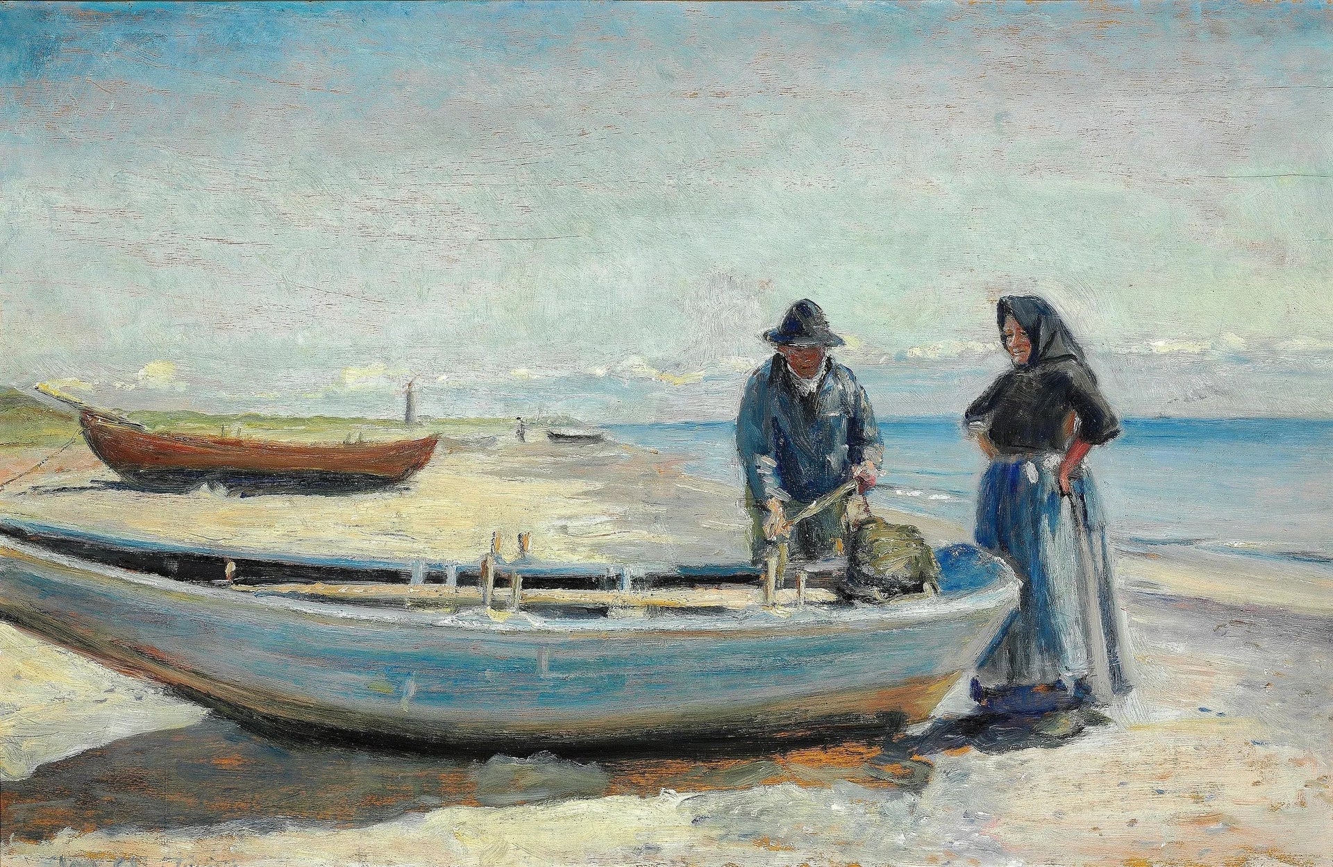 Un pêcheur et sa femme sur la plage de Skagen Sønderstrand, près d'un bateau. Un phare se profile à l'horizon. - Michael Peter Ancher image 1 reproduction réalisée par Alpha Reproduction