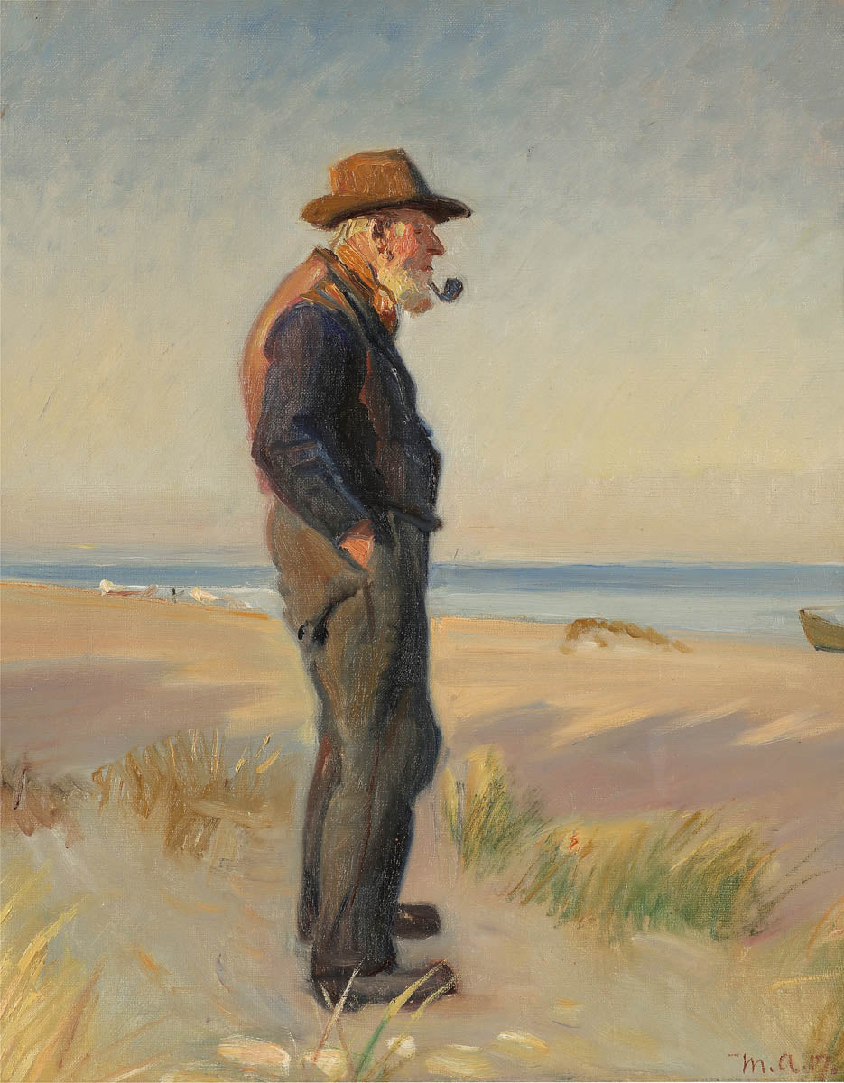 Un pêcheur fumant sa pipe sur la plage de Skagen. - Michael Peter Ancher image 1 copie de tableau peinte à la main