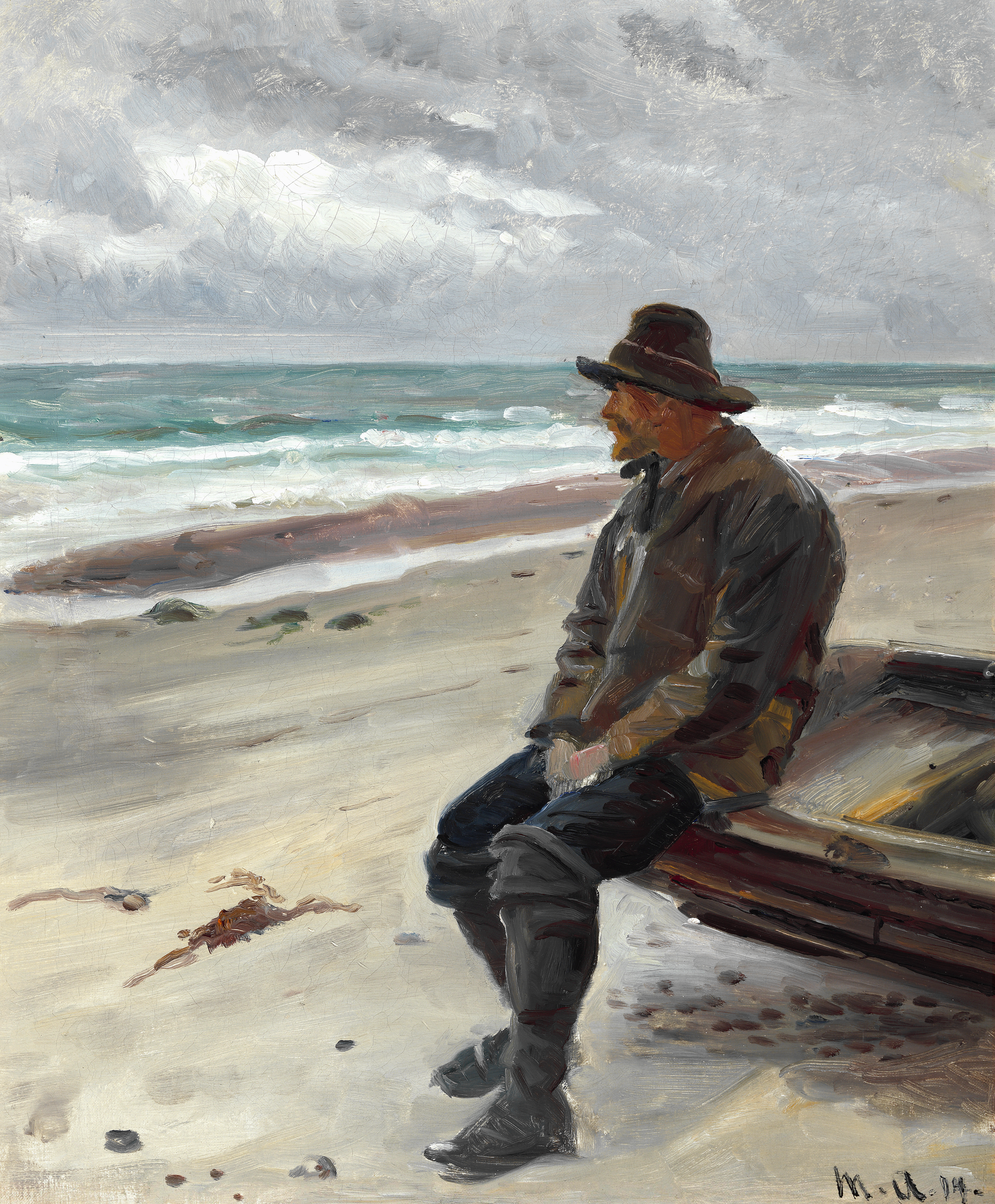 Un pêcheur près de son bateau sur la plage. - Michael Peter Ancher image 1 copie de tableau peinte à la main