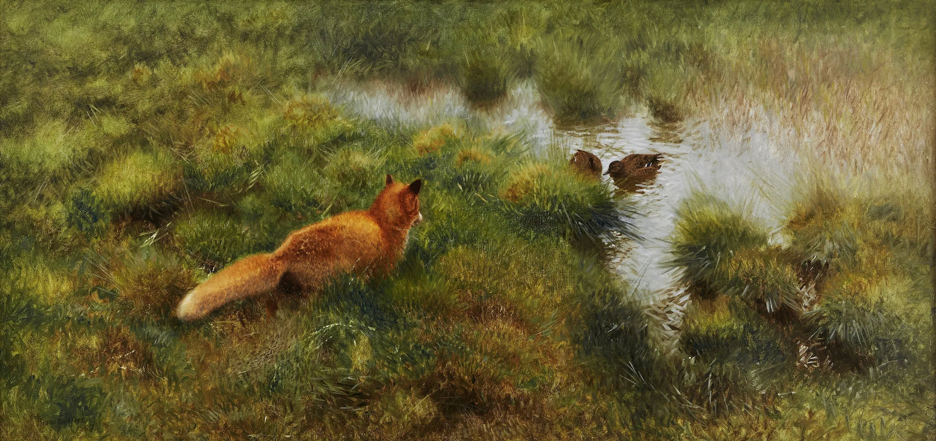 Un renard traque des canards au bord d'un cours d'eau. - Bruno Liljefors image 1 reproduction de peinture à l’huile