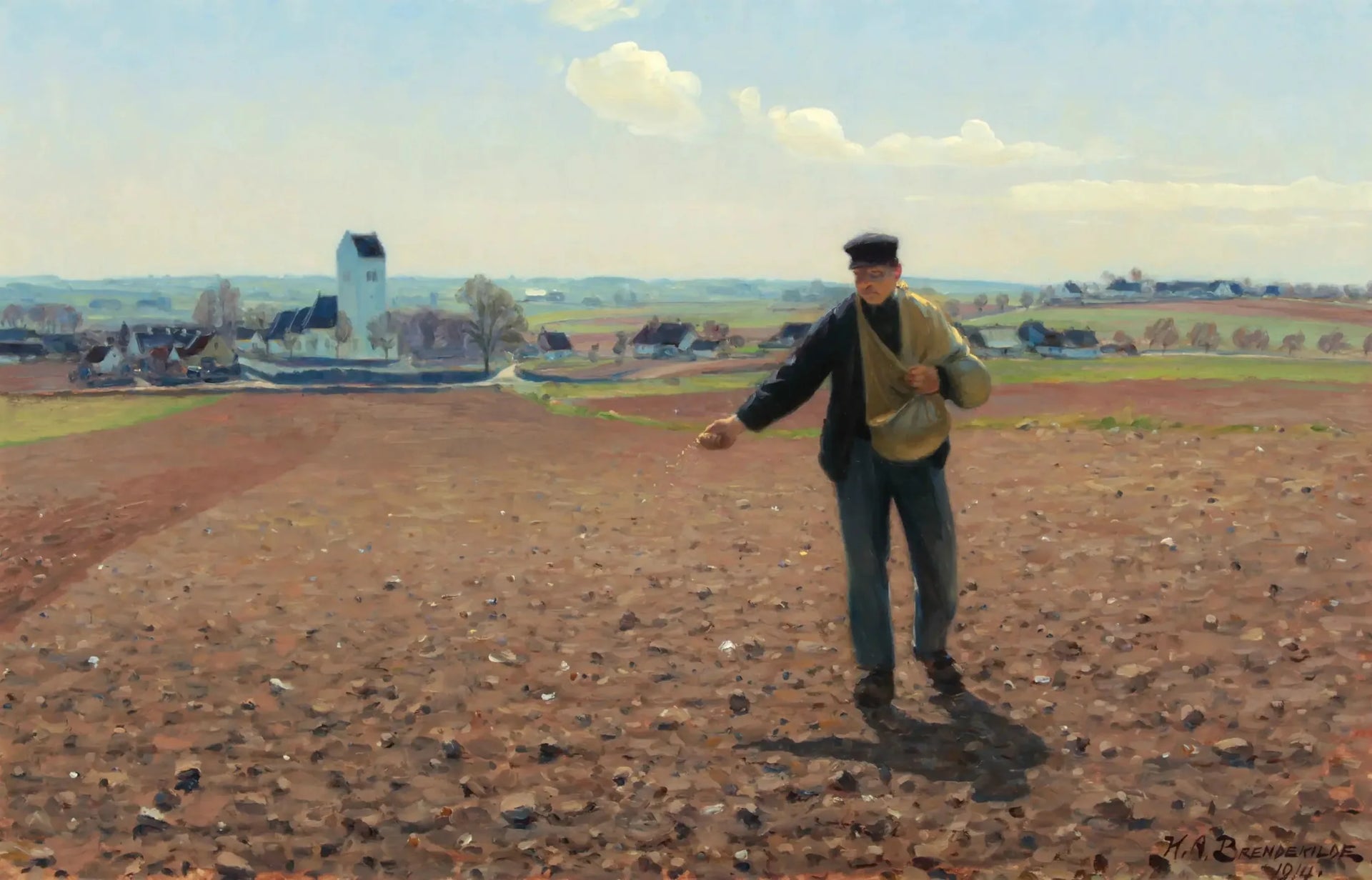Un semeur de champ par une journée ensoleillée de printemps à l'église de Brendekilde - H. A. Brendekilde image 1 reproduction réalisée par Alpha Reproduction